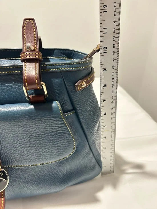 Dooney & Bourke Blue Leather Tote with Brown Trim and Gold Hardware - Picture 11 of 15